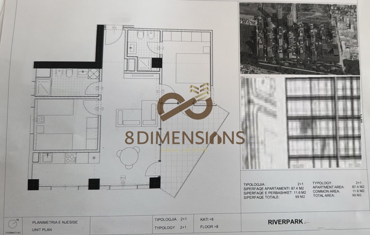 Apartment 2+1 +2 bathrooms + balcony for sale at River Park Residence - Tirana (D8142A-139)