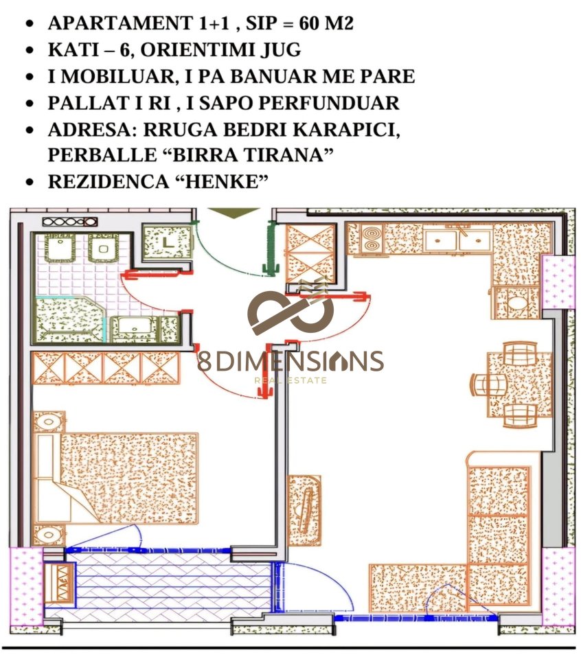 Jepet me qera apartament 1+1+ballkon tek Rezidenca Henke, perball Birra Tirana