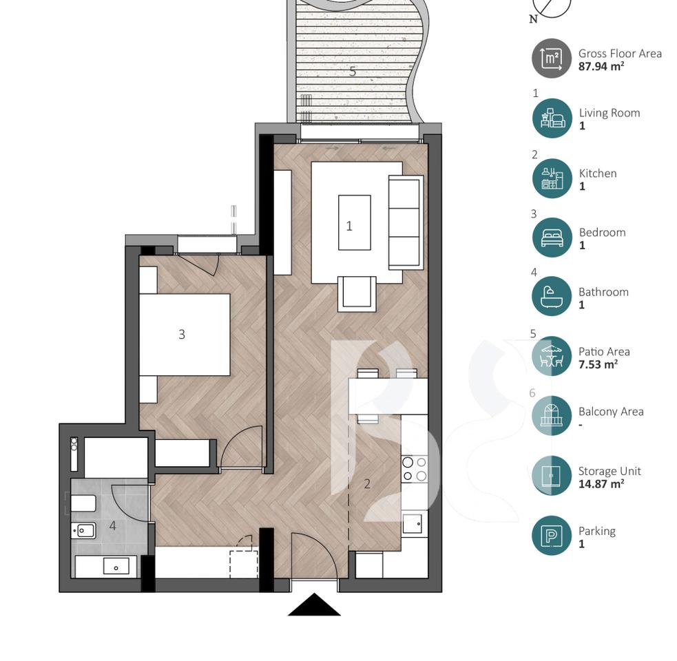 APARTAMENT EKSKLUZIV 1+1 ME DEPO, OBORR PRIVAT & POST PARKIMI NË GREEN COAST 2