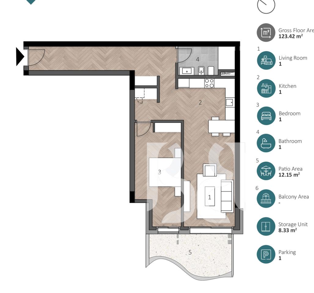 APARTAMENT EKSKLUZIV 1+1 ME DEPO, OBORR PRIVAT & POST PARKIMI NË GREEN COAST 2