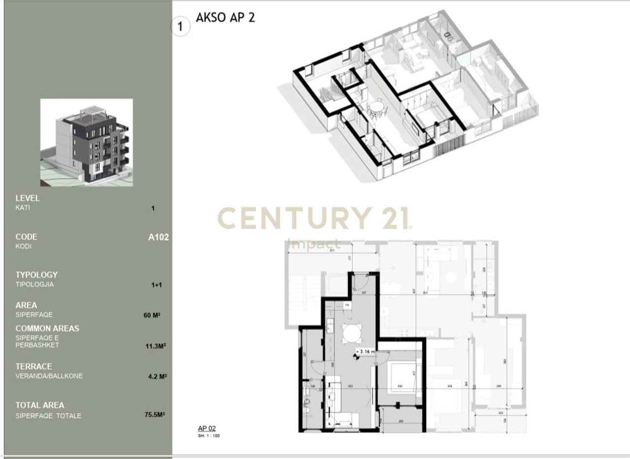 Apartament 1+1 në shitje në Çollak, Liqeni i Farkës, Tiranë - 124,500€ | 75.5 m²