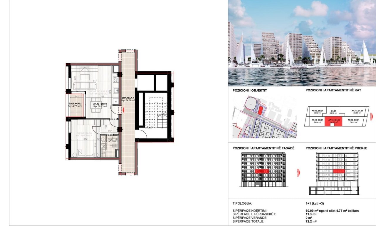 APARTAMENT 1+1+POST PARKIM PER SHITJE,ME PAMJE ANESORE DETI, NE REZIDENCEN "VLORA MARINA"!