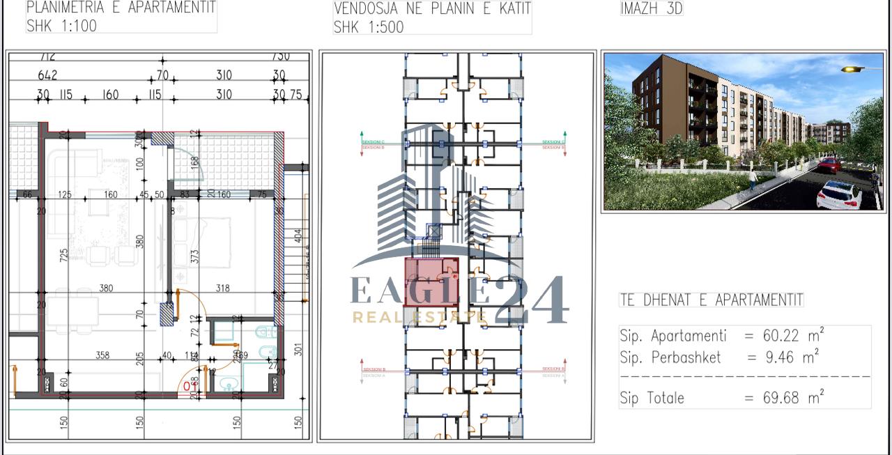 Apartment 1+1 for sale above the "Lidhja e Prizrenit" School in Paskuqan. €73,200 (€1050/m2) - Clearing Price.
