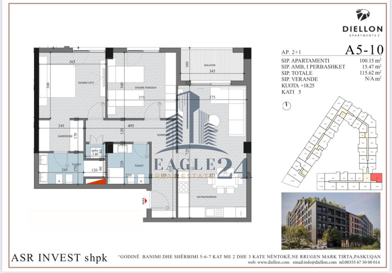 Shitet apartament 2+1+2 + Garderobë+Depo tek "Diellon Apartments 2" në zonën e Paskuqanit, Tiranë. 115'620€ (1000€/m2) Çmim Kleringu