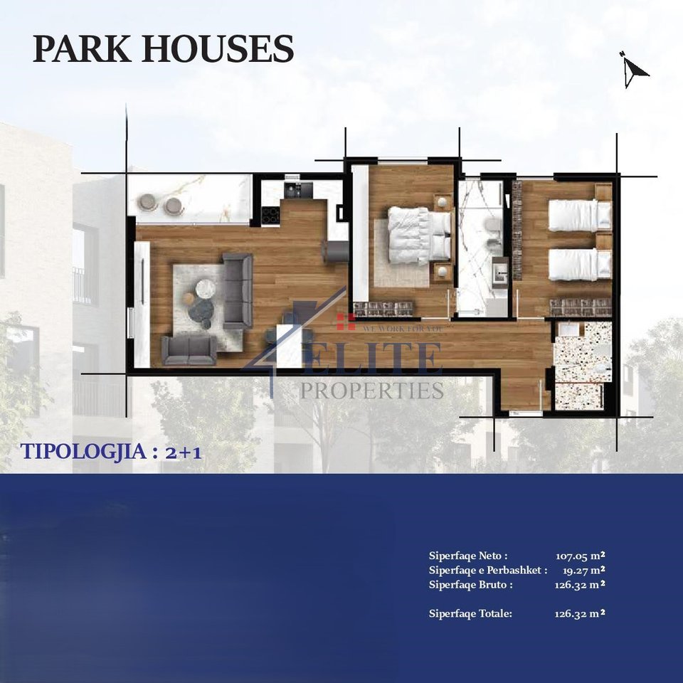 Park Houses Residence Mjull Bathore, apartament 2+1 për shitje