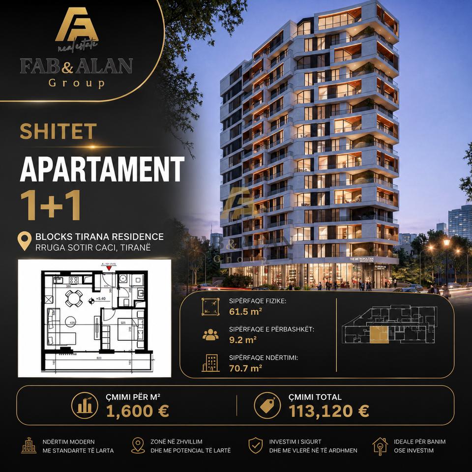 🏡 SHITET APARTAMENT 1+1 – BLOCKS TIRANA RESIDENCE