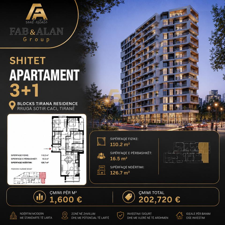 🏡 SHITET APARTAMENT 3+1 – BLOCKS TIRANA RESIDENCE