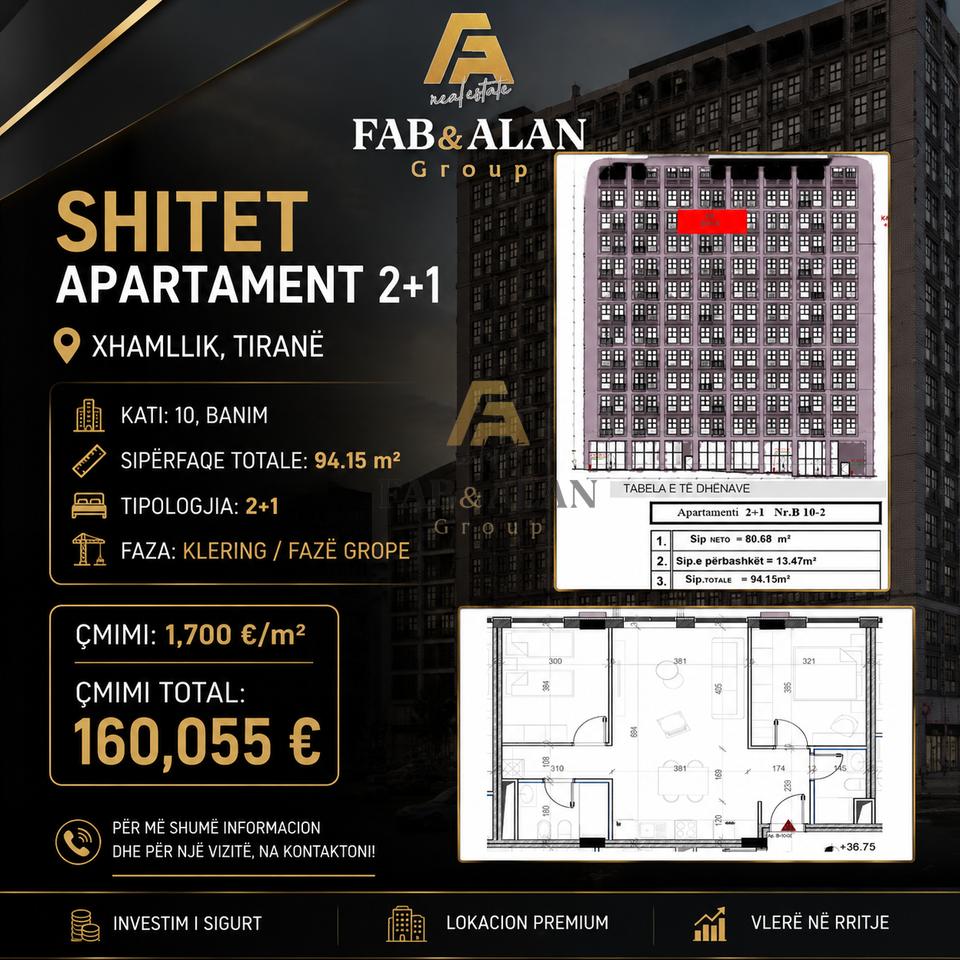SHITET APARTAMENT 2+1 – XHAMLLIK, TIRANË