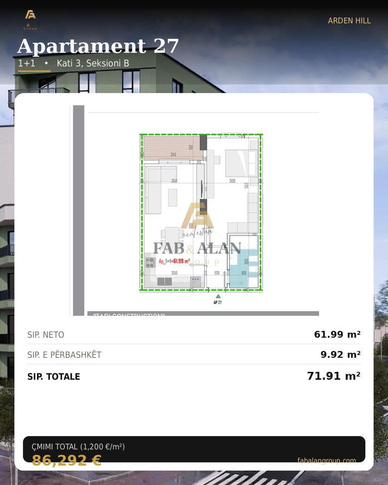 Apartament 1+1 në shitje ke Arden Hill në Paskuqan, Tiranë - 86,292€ | 71 m²