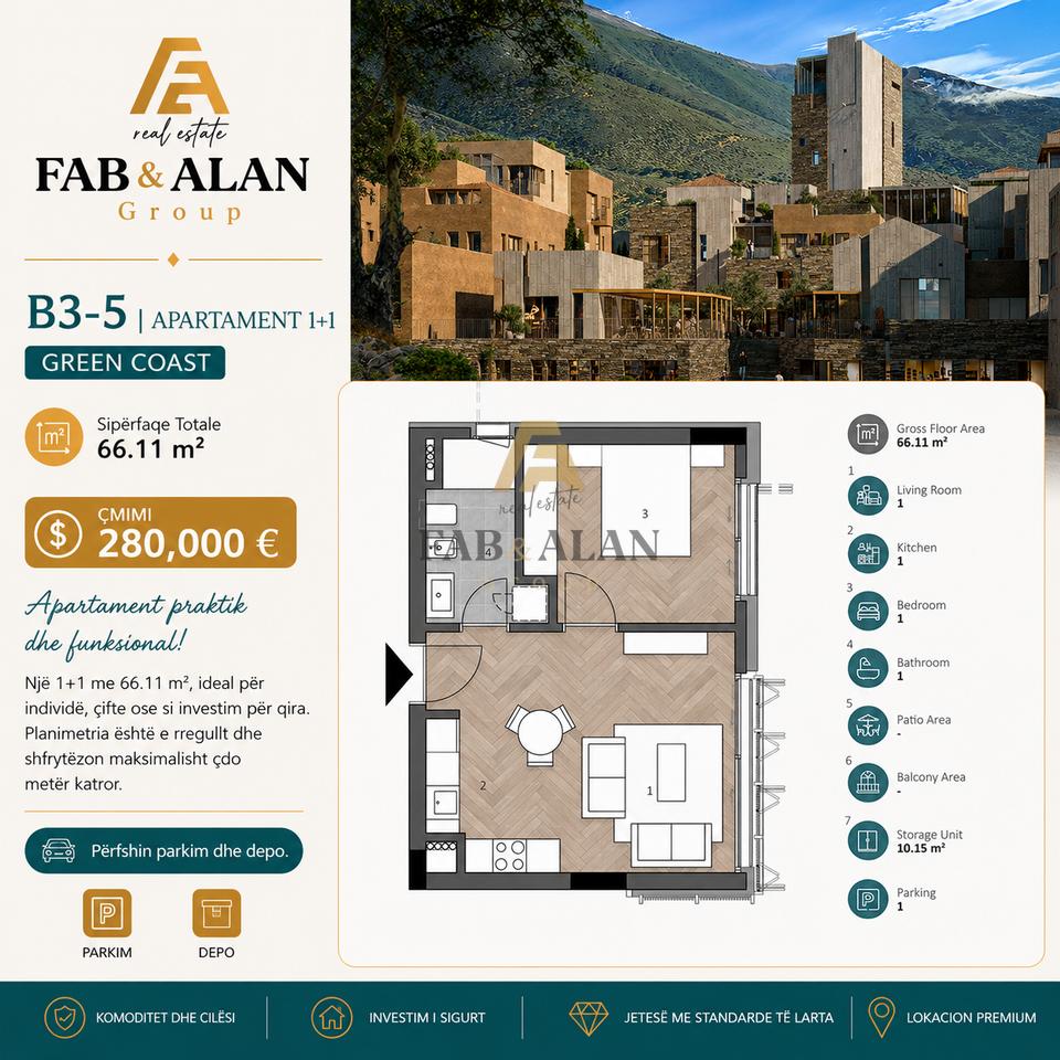 Apartament 1+1 Në Shitje në Green Coast 2, Vlorë - 280,000€ | 66.11 m²