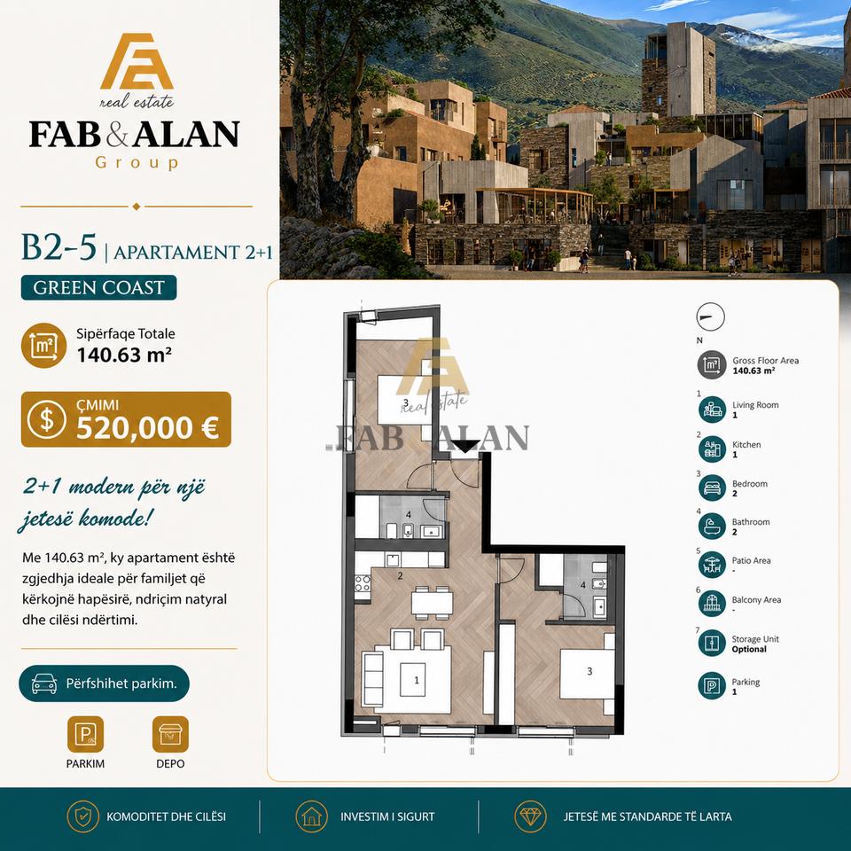 Apartament 2+1+2 në shitje Green Coast 2, Vlorë - 520,000€ | 140 m²
