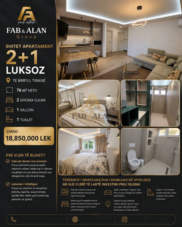 Apartament 2+1 Në Shitje në Brryl, Tiranë - 188,500€ | 76 m²