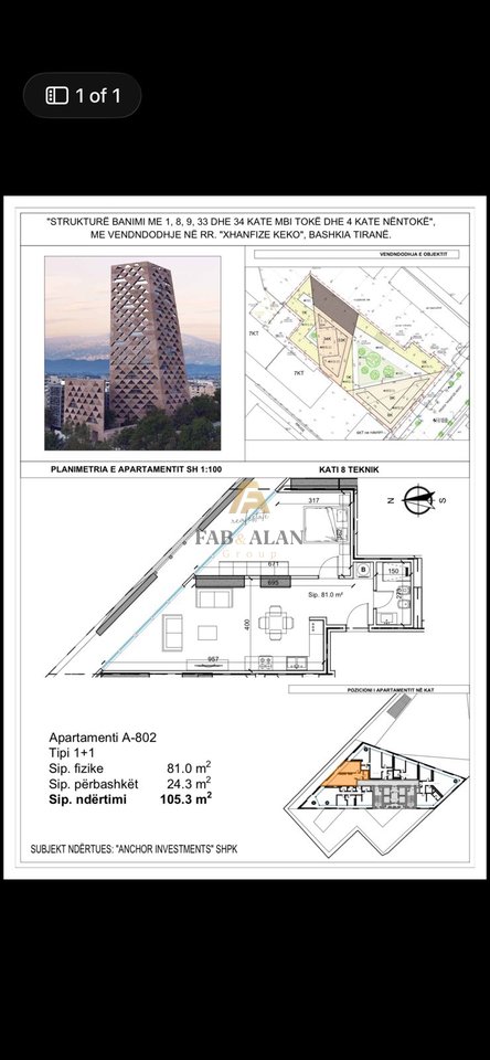 APPARTAMENTO 1+1+POSTO AUTO IN VENDITA A TIRANA TOWER