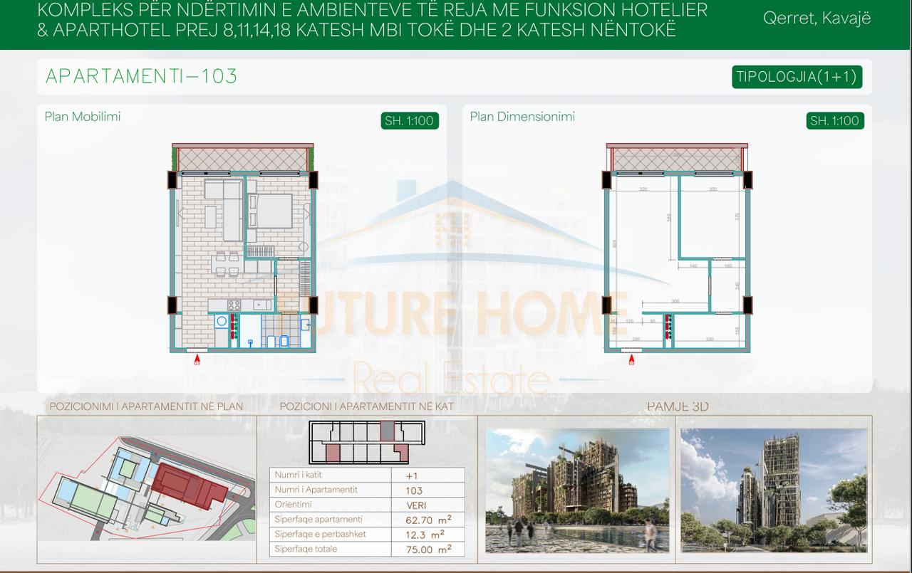 Shitet, Apartament 1+1, Rezidenca "Pines", Qerret, Kavajë