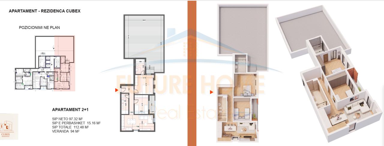 Apartment 2+1+Veranda for sale, Cubex Residence, Kavaja Street