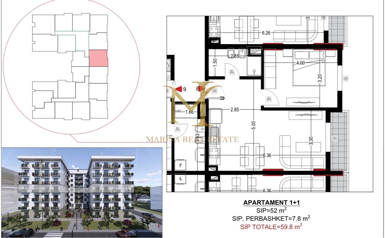 Appartamento 1+1 in vendita, nuovo edificio a Golem. 250m dal mare.