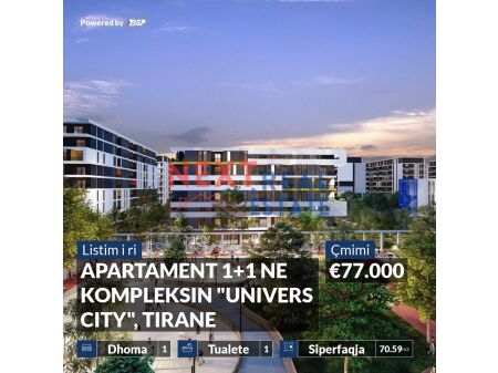 FOR SALE 1+1 APARTMENT IN THE "UNIVERS CITY" COMPLEX, TIRANA