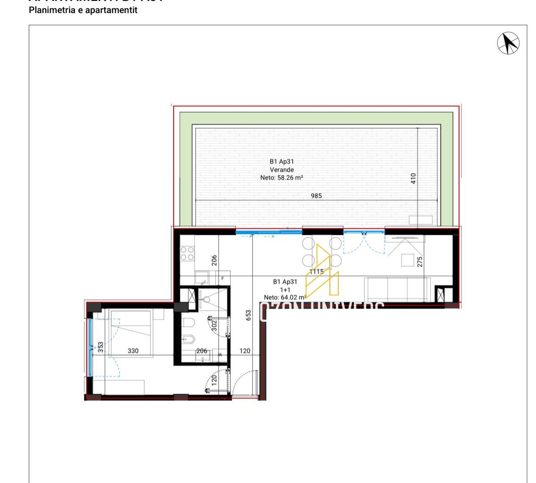 Apartament 1+1 për Shitje me Verandë në Santorini 2, Dhërmi