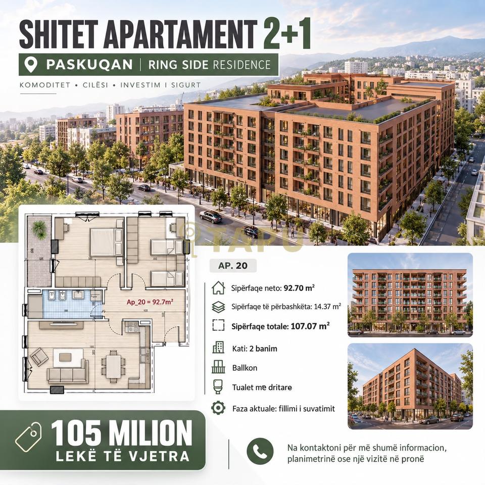 🏡 SHITET APARTAMENT 2+1 – RING SIDE RESIDENCE, PASKUQAN
